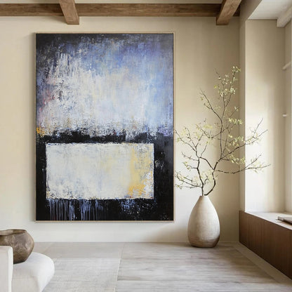 Contemporary hand-painted abstract artwork with blue gray and white layers soft edges textured metal elements evokes calmness and contemplation. DLZ0752