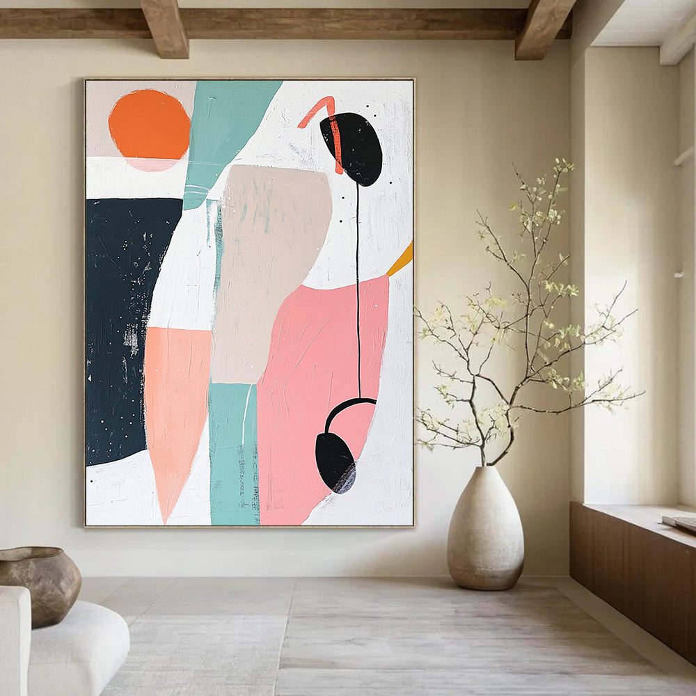 Large contemporary hand-painted abstract artwork featuring geometric shapes in soft pastels creating a calm and soothing atmosphere with negative space and a small black headphone detail. DLZ1374