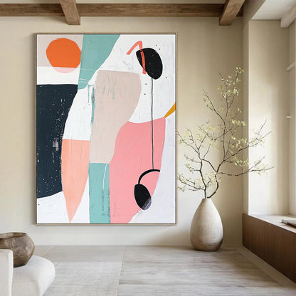 Large contemporary hand-painted abstract artwork featuring geometric shapes in soft pastels creating a calm and soothing atmosphere with negative space and a small black headphone detail. DLZ1374