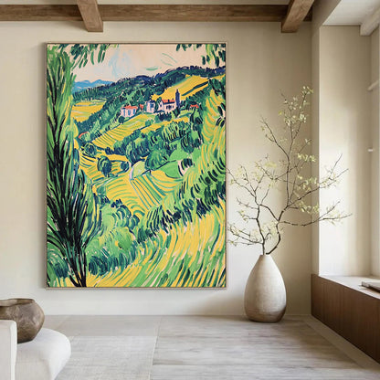 Contemporary hand-painted abstract artwork capturing a vibrant Valençay valley in green and yellow hues, showcasing a vintage style elegance. DLZ1692