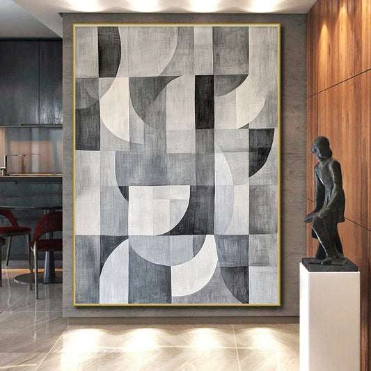 Gray, Black and White Geometric Circles and Squares "Monochrome Harmony" Painting On Canvas HB370