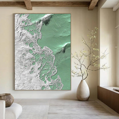Contemporary abstract artwork inspired by vibrant waves in green and white featuring intricate textures that evoke the essence of coastal life. DLZ1228