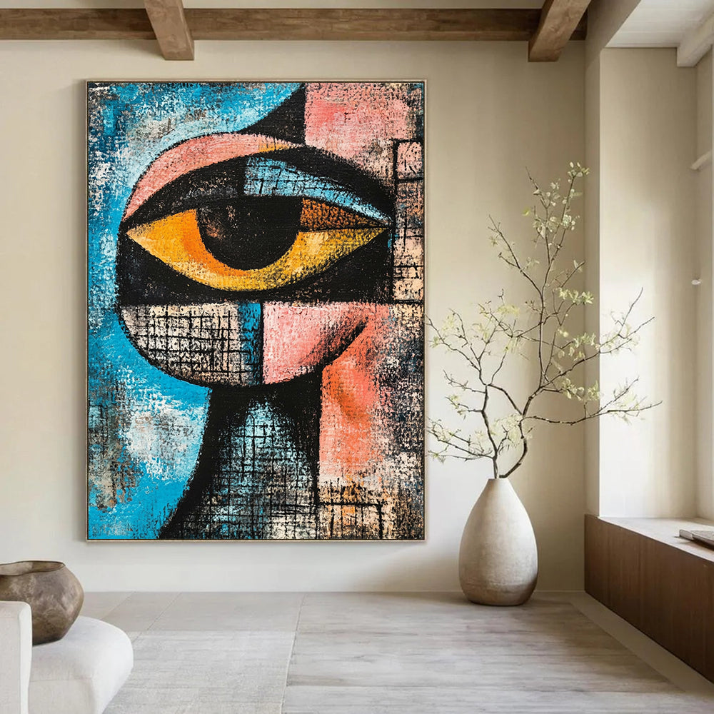 Contemporary hand-painted abstract art featuring a cubist eye in blue, pink, and black with dynamic shapes and textured depth for striking composition. DLZ1237