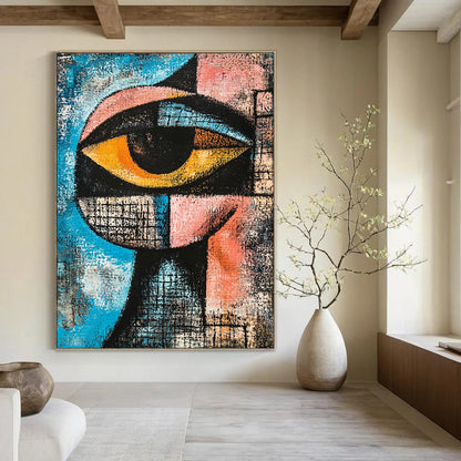 Contemporary hand-painted abstract art featuring a cubist eye in blue, pink, and black with dynamic shapes and textured depth for striking composition. DLZ1237