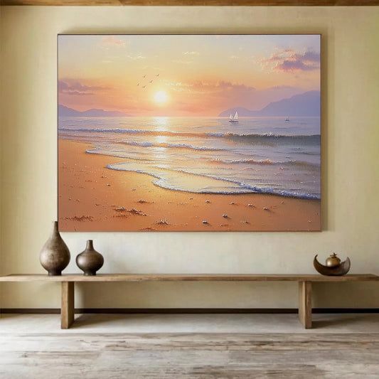“Vibrant Beach Sunrise” - Orange, Pink, Gold, Realistic - Impressionist Seaside Painting On Canvas HB0677