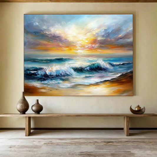 Dynamic Sea Waves Under Colorful Sky - Expressive Impasto Seaside Painting On Canvas HB0443