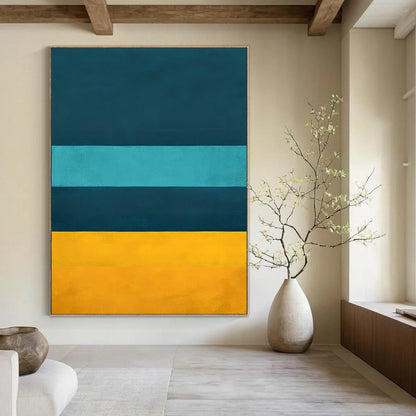 Contemporary hand-painted abstract artwork featuring deep blue teal and yellow horizontal stripes inspired by Rothko's color fields. DLZ0684