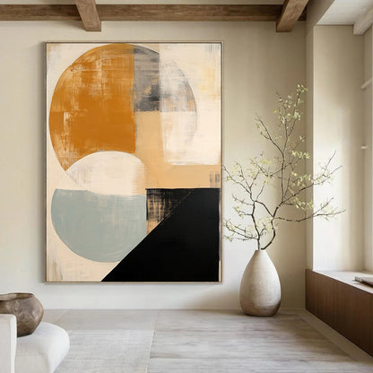 Contemporary hand-painted abstract artwork featuring soft beige black and white shapes a vibrant orange circle and subtle blue and grey accents. DLZ1038