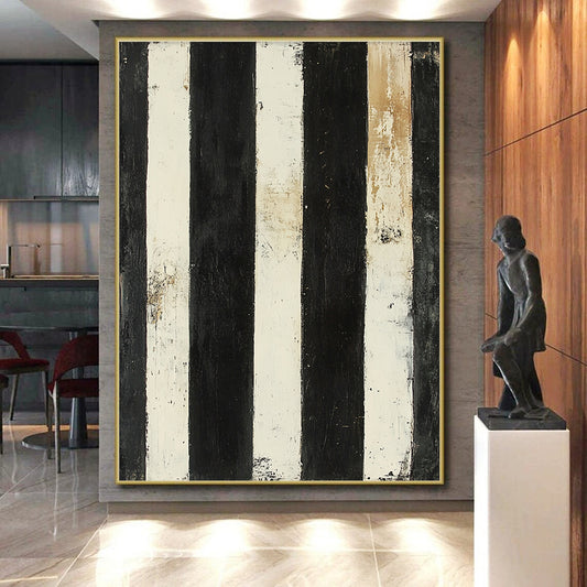 Black, White, Beige, Stripes "Vintage Striped Relic" Abstract Textured Painting On Canvas HB170