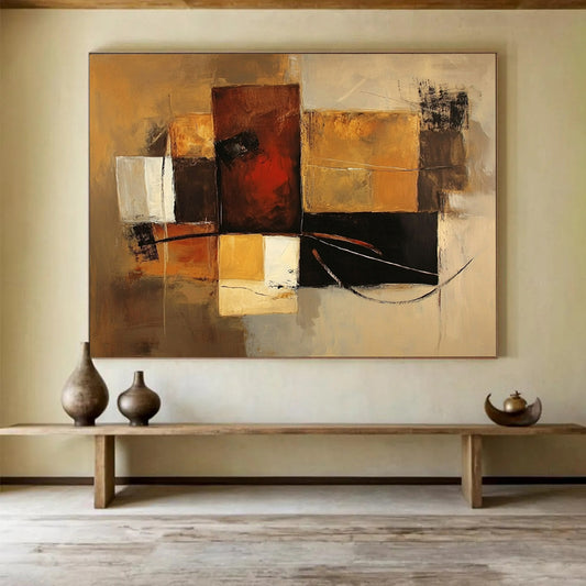 “Brown Geometric Abstract” - Brown, Gold, Black, White, Geometric Forms - Painting On Canvas HB1427