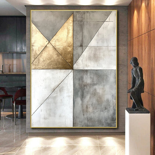 Gray, White, Gold, Geometric Triangles "Gilded Pyramid" Abstract Minimalist Painting On Canvas HB141