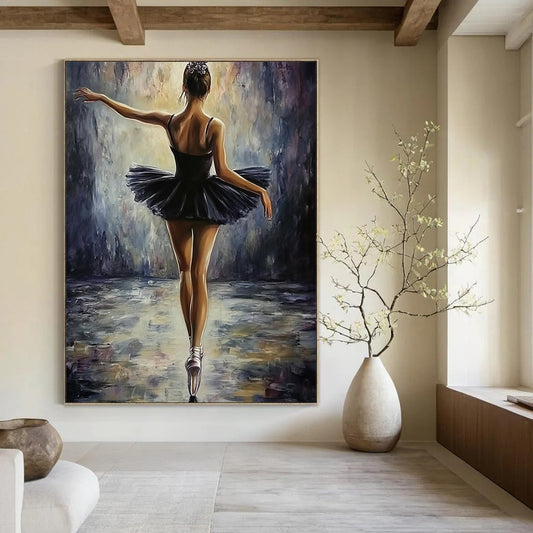 Contemporary abstract painting featuring a ballerina in a black dress, elegant pose, soft lighting, textured brush strokes, perfect for adding sophistication to any space. DLZ1672