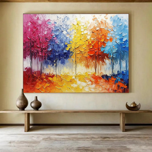 “Colorful Textured Forest” - Colorful Palette, Textured Tree Landscape Painting On Canvas HB0856