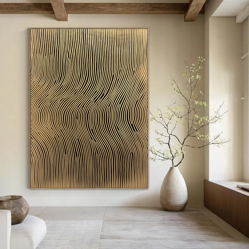 Contemporary abstract artwork features golden sound wave lines on a textured background adding depth and elegance to any space. DLZ1491