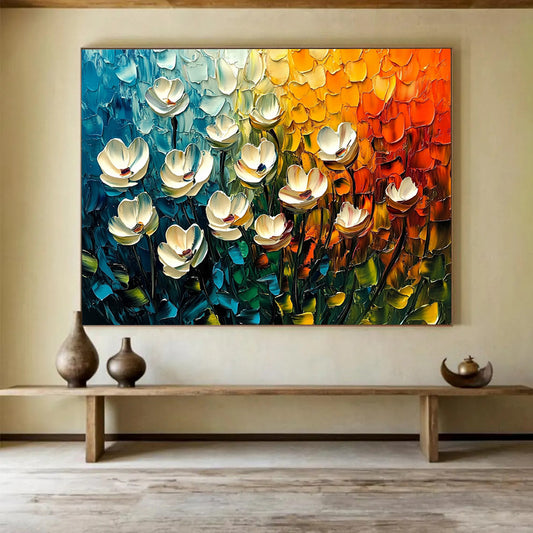 Textured White Flowers in Colorful Background – Impasto Abstract Acrylic Floral Painting HB1474