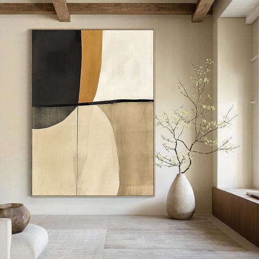 Contemporary hand-painted abstract artwork featuring beige and white tones with striking black accents resembling elegant shapes inspired by shoulder pads. DLZ1258