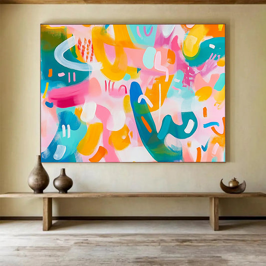 “Pastel Playful Abstract” - Pink, Yellow, Teal, Curved Shapes - Contemporary Acrylic Painting HB1522