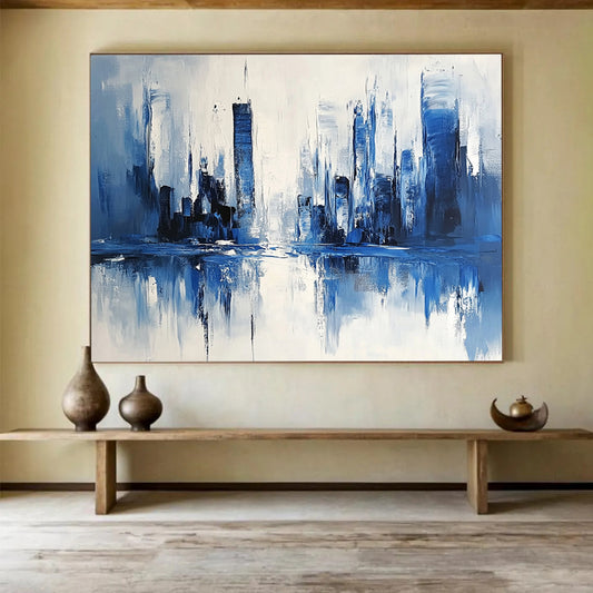 “Blue - White Cityscape Reflection” - Blue, White, Abstract Cityscape with Water Mirroring HB1117