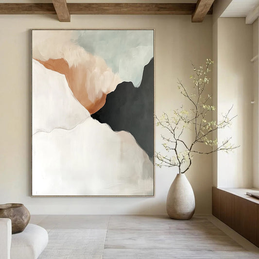 Contemporary hand-painted abstract artwork in white, grey, and beige tones with black accents, featuring fluid shapes and soft edges in light grey and amber hues. DLZ0781