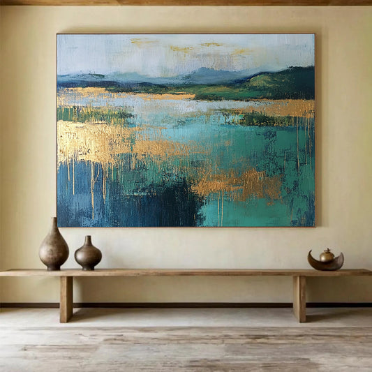 “Gold - Accented Lake Scene” - Blue, Green, Gold, Abstract Lake Landscape Painting On Canvas HB0990