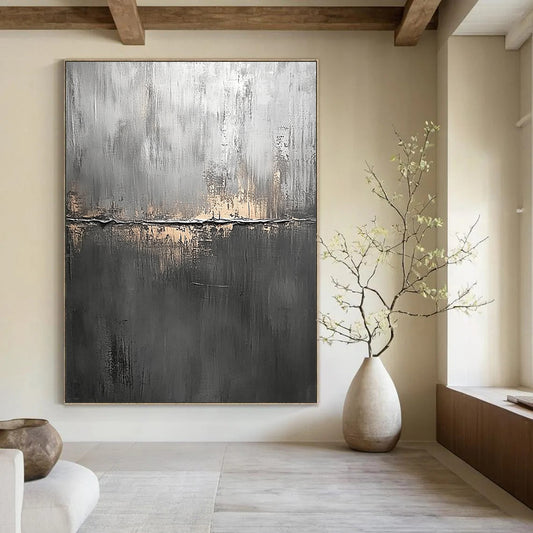 Contemporary abstract painting features a textured dark gray canvas with subtle brush strokes creating depth and visual intrigue. DLZ1281