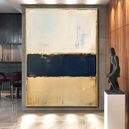 Beige, Gold, Navy, Horizontal Layers "Gilded Nautical Bands" Abstract Coastal - Inspired Painting On Canvas HB166