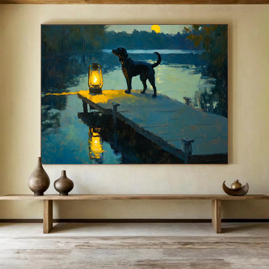 “Moonlit Dog by the Lake” - Blue, Yellow, Black Dog, Lake, Lantern - Realist Oil Painting HB1685