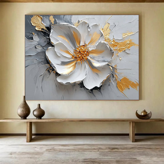 “Textured Floral Elegance” - Gray, White, Gold, 3D - like Abstract Flower Painting On Canvas HB1083