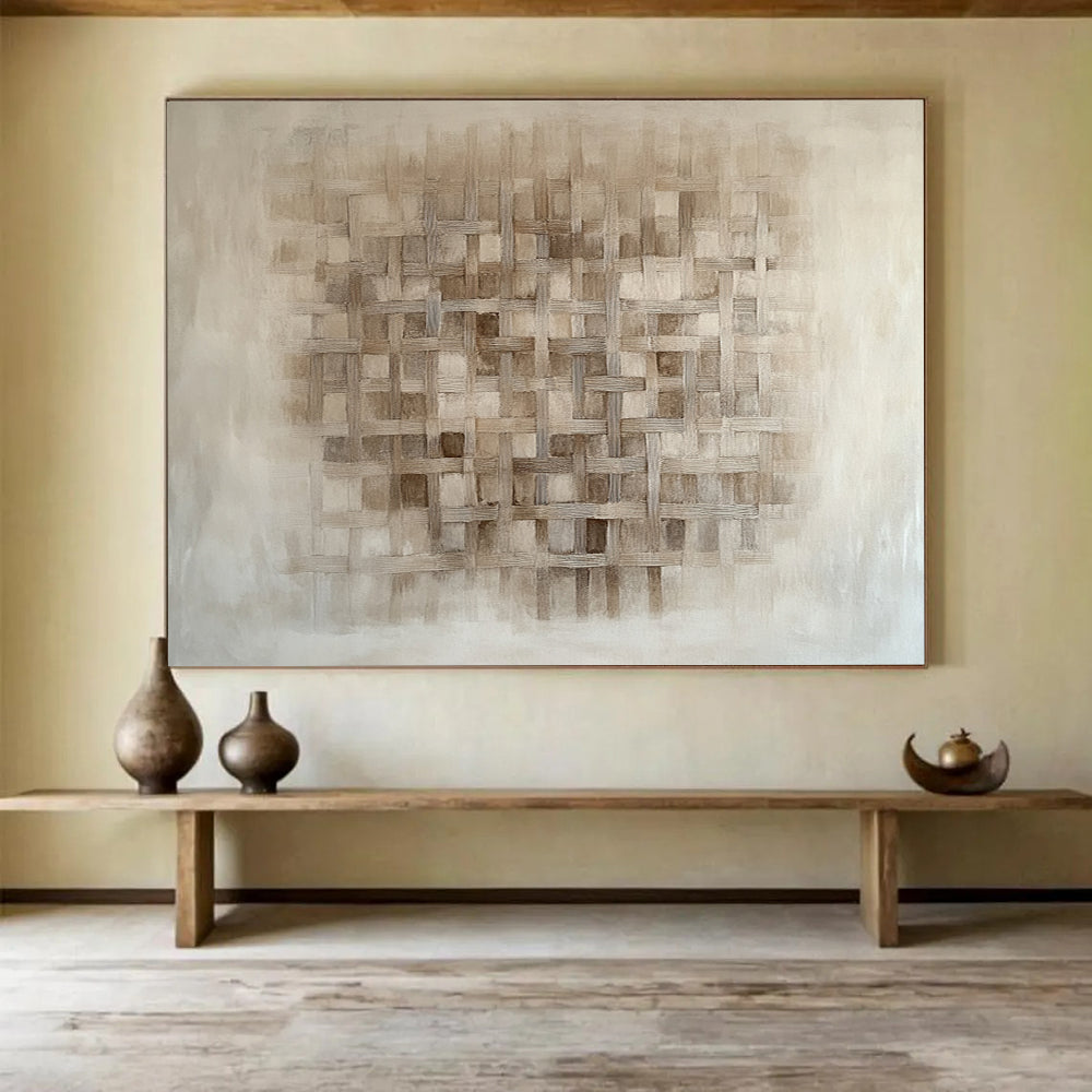 Beige Woven Grid Pattern - “Textured Tapestry” Painting On Canvas HB1446