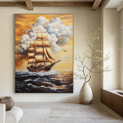 Contemporary hand-painted abstract art featuring a tall ship, white clouds, and birds, evoking a vintage nautical atmosphere. DLZ1477