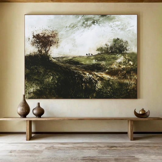 “Misty Moorland Ride” - Earthy greens, muted tones, Textural Landscape Painting On Canvas HB0568