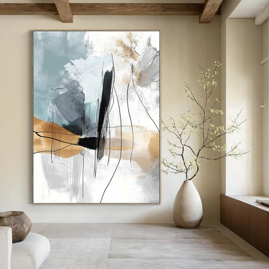 Large contemporary abstract painting featuring soft lines and shapes with a light gray-blue background and flowing watercolor effects in a warm beige palette. DLZ0769