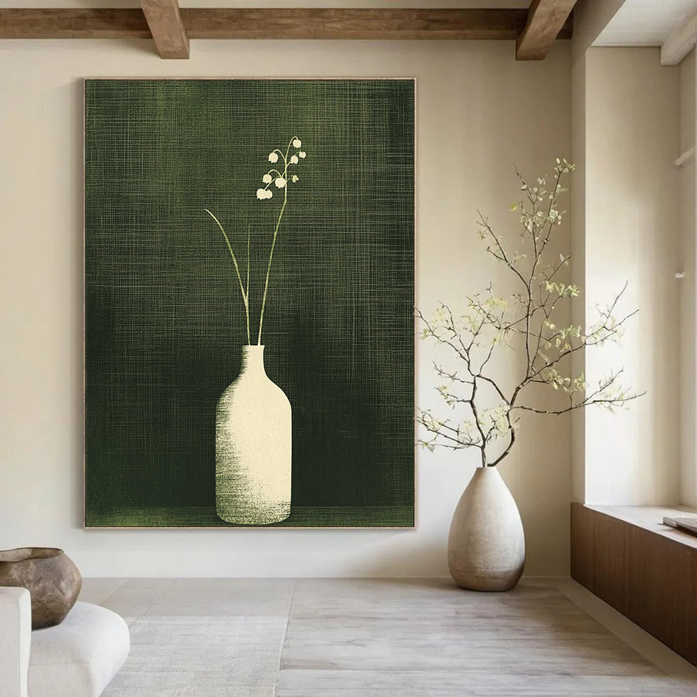 Large contemporary abstract artwork featuring lily of the valley in a textured monochrome design with a dark green background and simple vertical lines. DLZ1589