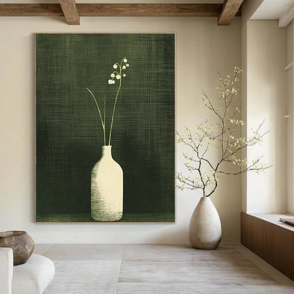 Large contemporary abstract artwork featuring lily of the valley in a textured monochrome design with a dark green background and simple vertical lines. DLZ1589