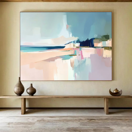 “Pastel Coastal Abstract” - Soft Blue, Pink, Beige, Abstract Beach Scene Painting On Canvas HB0980