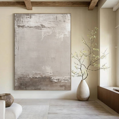 Large contemporary hand-painted abstract artwork featuring muted beige and gray tones with an industrial urban feel and textured brushstroke background. DLZ1173