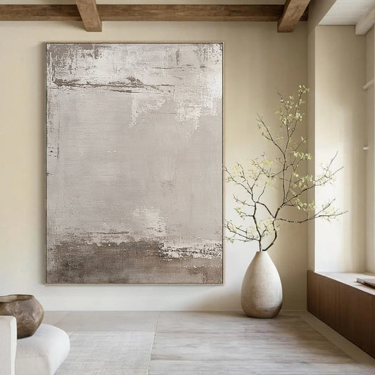 Large contemporary hand-painted abstract artwork featuring muted beige and gray tones with an industrial urban feel and textured brushstroke background. DLZ1173