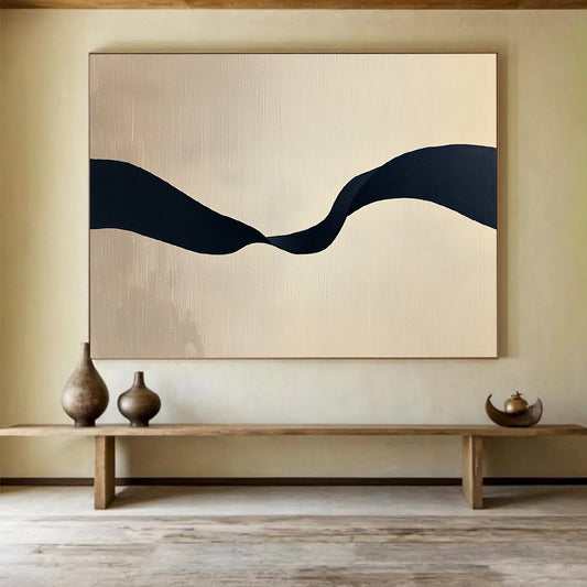 “Black Ribbon on Beige” - Black, Beige, Curved Ribbon Shape - Minimalist Acrylic Painting HB1666