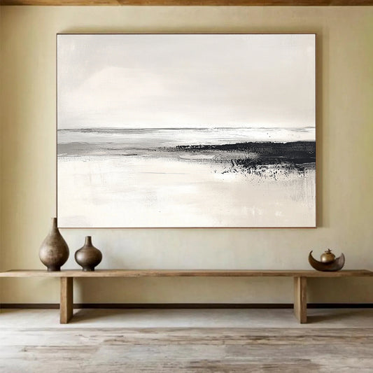 “Monochrome Coastline” - Black, White, Gray, Textured Shore and Calm Sea Painting On Canvas HB0932
