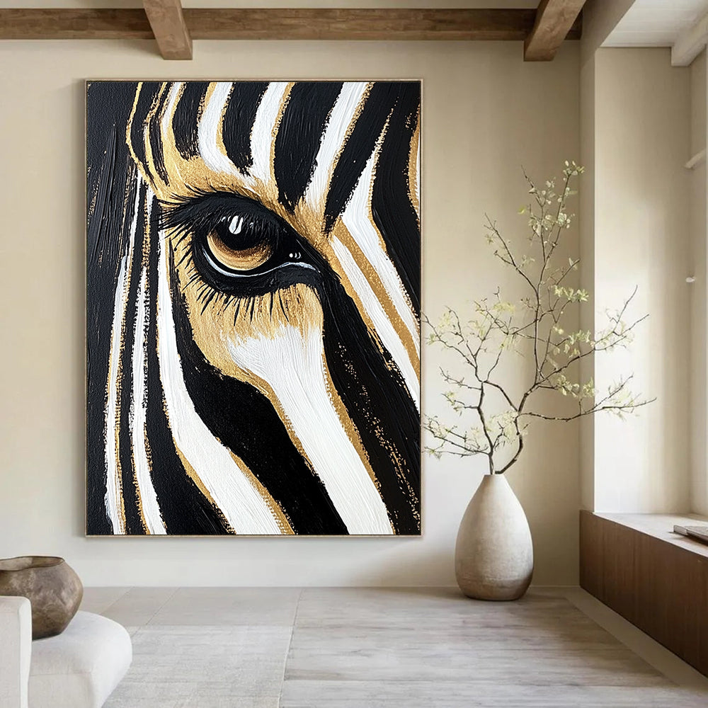 Contemporary hand-painted abstract art featuring a zebra's eye and forehead stripes in black and white with gold highlights against a gradient background. DLZ1217