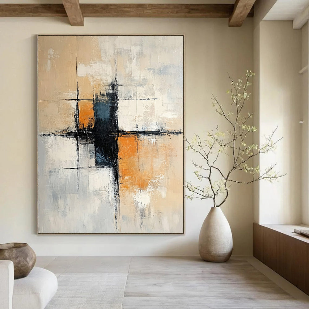 Large contemporary hand-painted abstract art featuring soft neutral tones with orange accents and black elements, incorporating architectural shapes and loose brush strokes. DLZ1058