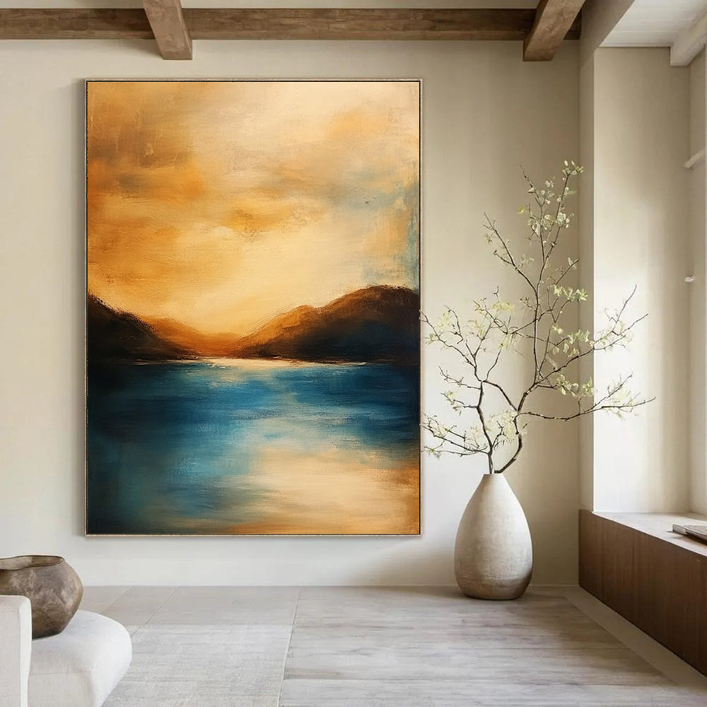Contemporary abstract painting featuring a serene ocean sunset with soft colors blurred edges tranquil atmosphere and harmonious warm tones. DLZ1111