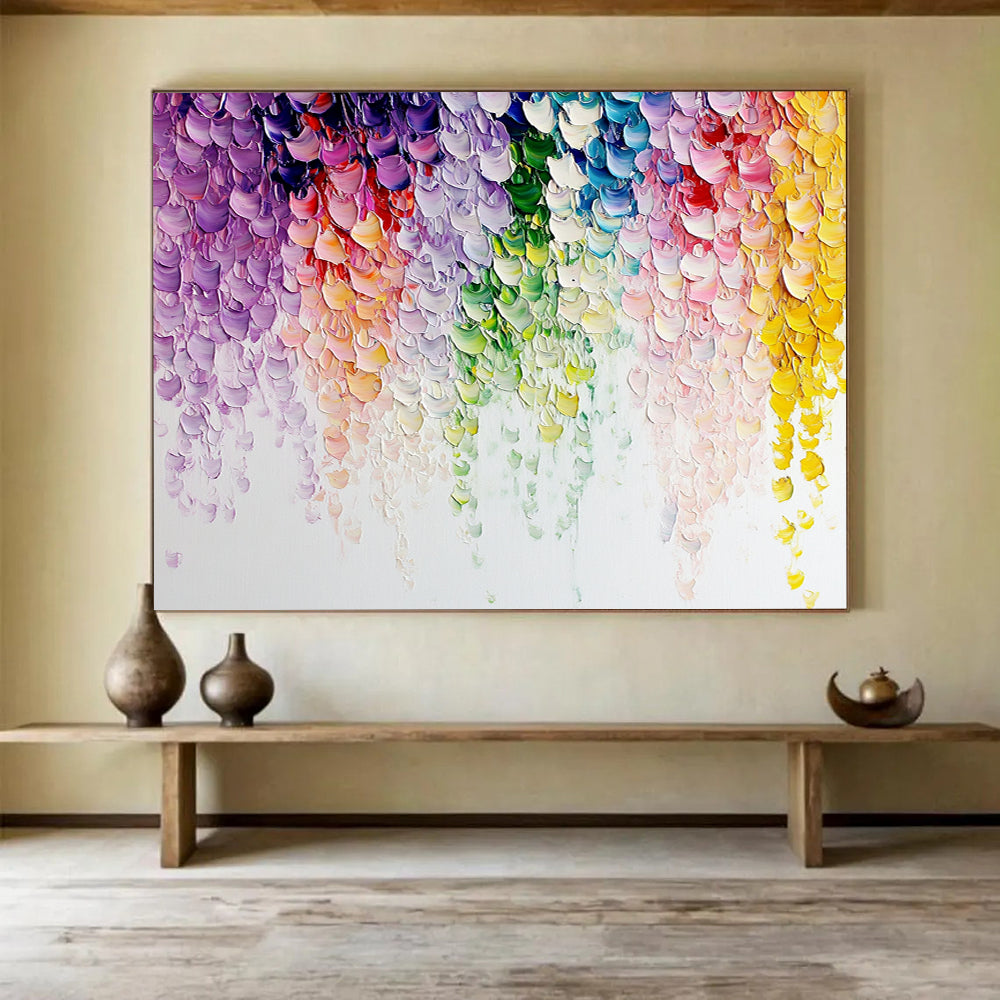 “Rainbow - Colored Textured Crescents” - Rainbow hues; Textured crescent shapes in a rainbow of colors; Impasto Acrylic Painting On Canvas HB1202