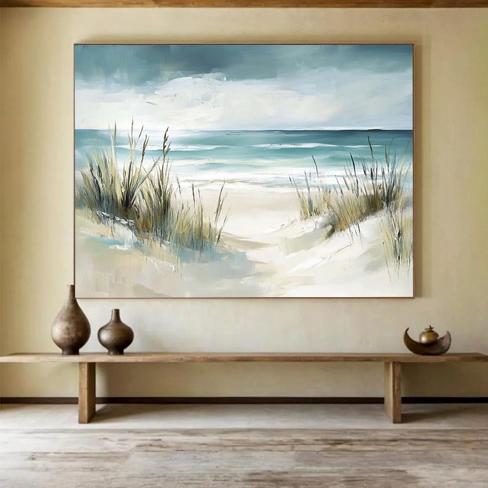 “Beach Path With Grasses” - Teal, Beige, Impressionist Beach Scene On Canvas HB0698
