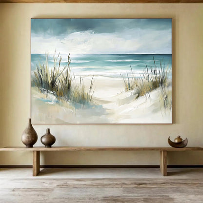 “Beach Path With Grasses” - Teal, Beige, Impressionist Beach Scene On Canvas HB0698