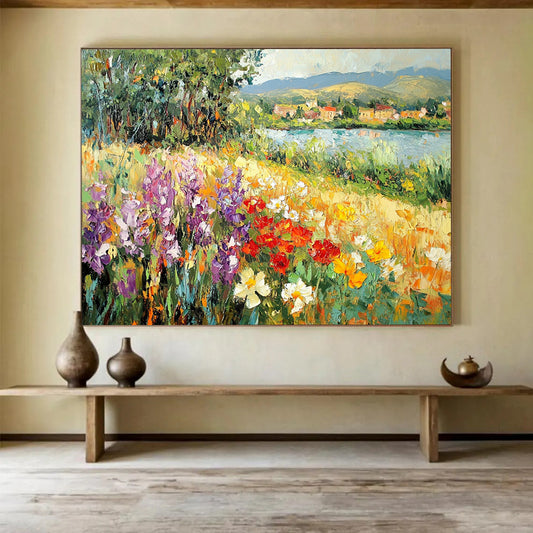 Flower - Filled Riverbank with Village View - Impressionistic Landscape Painting On Canvas HB0450