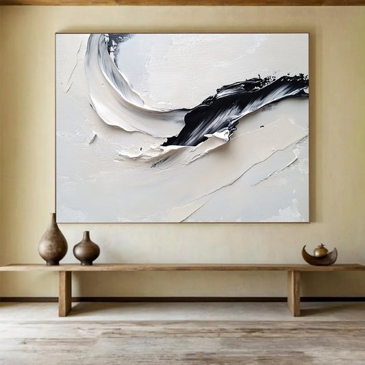 “Curved Black - White Textures” - Black, White, Curved Thick Textured Strokes - Impasto Oil Painting HB1779