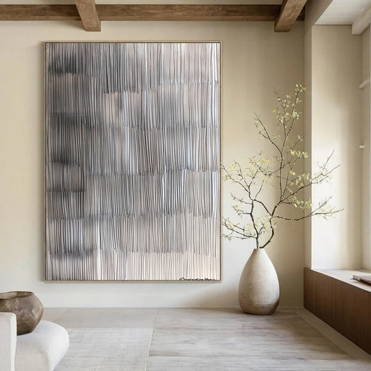 Contemporary hand-painted abstract artwork featuring intricate gray lines that mimic wood grain textures while blending realism and abstraction for a stunning visual depth. DLZ1253