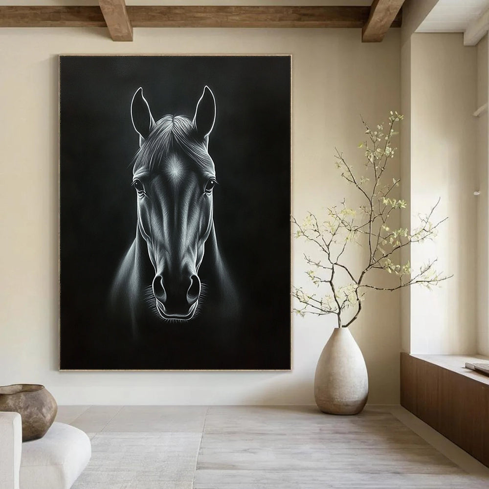 Contemporary handcrafted painting featuring a horse's head in black and white with dramatic chiaroscuro effects and deep shadows on a dark background. DLZ1443