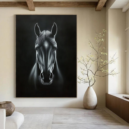 Contemporary handcrafted painting featuring a horse's head in black and white with dramatic chiaroscuro effects and deep shadows on a dark background. DLZ1443